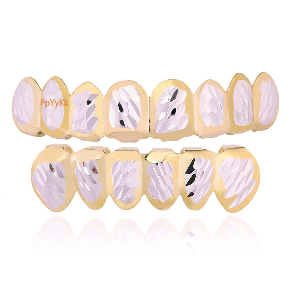New Arrival Hip Hop Two-tone 8-teeth Grillz 18k Gold Premium Rapper Gold Teeth Accessories Rapper Costume Accessories Pass the diamond tester