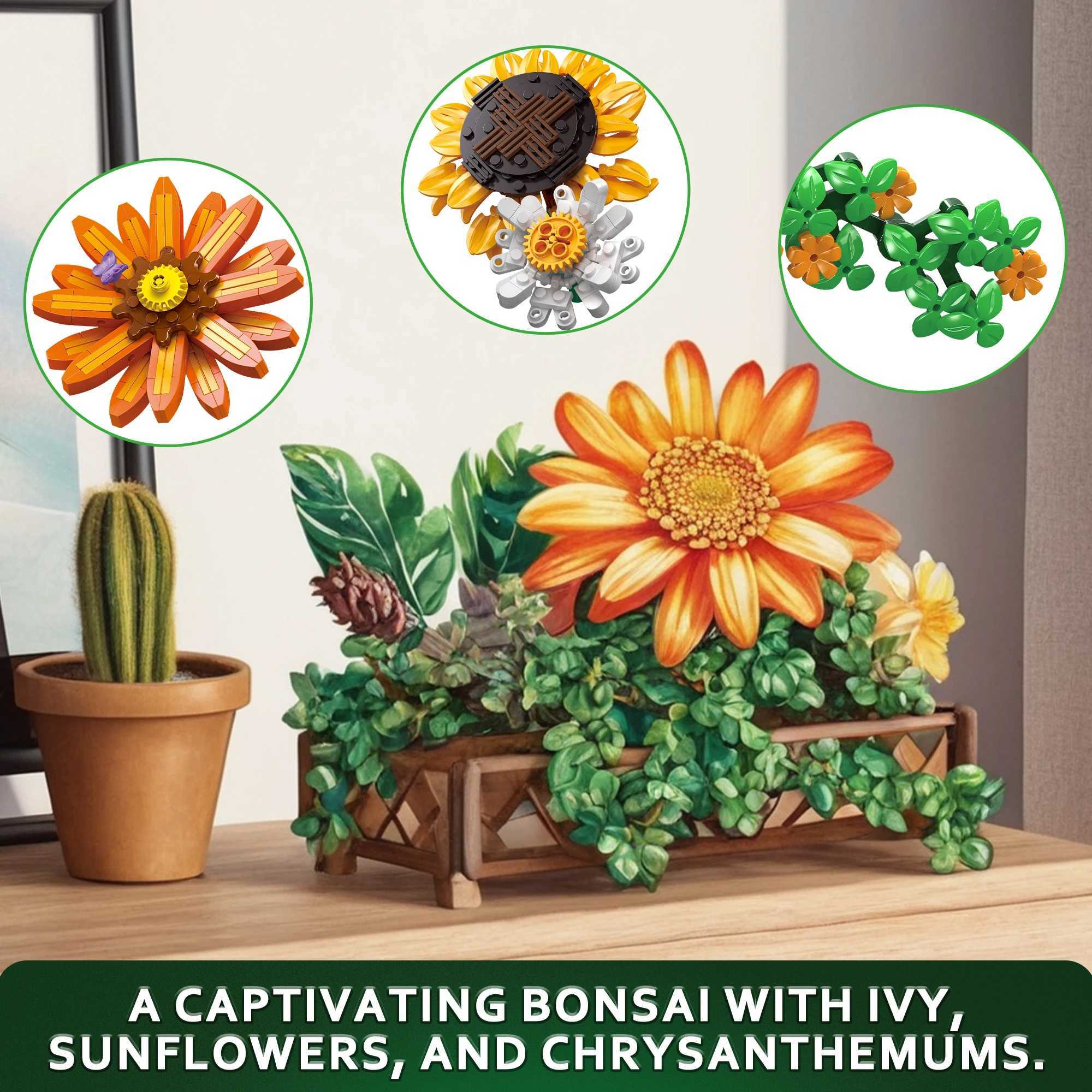 EDUCIRO Flower Botanical Bonsai Building Set - 924pcs Gift for Home Decor Adults and Kids Sunflower Chrysanthemum Y250627