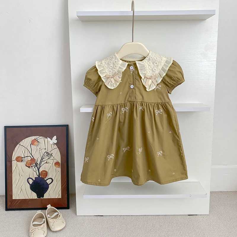 1-6Y Girls Bow Princess Dresses New Summer Baby Dress Puff Sleeve Embroidery Petal Collar Toddler Kids Cotton Cute Party Dress R250707