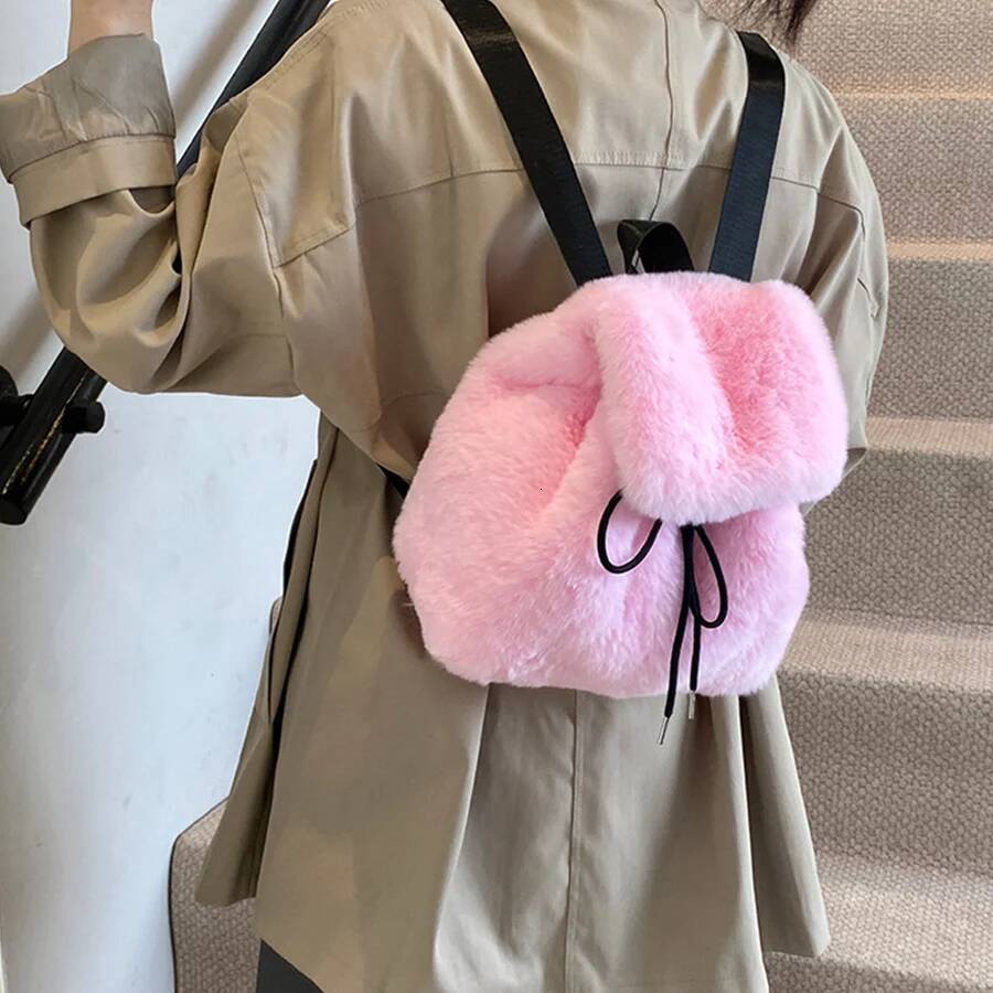 Fashion Leopard Print Drawstring Backpack Women Plush Fluffy Bag Solid Color Soft Fleece Knapsack Winter Warm Faux Fur Rucksack