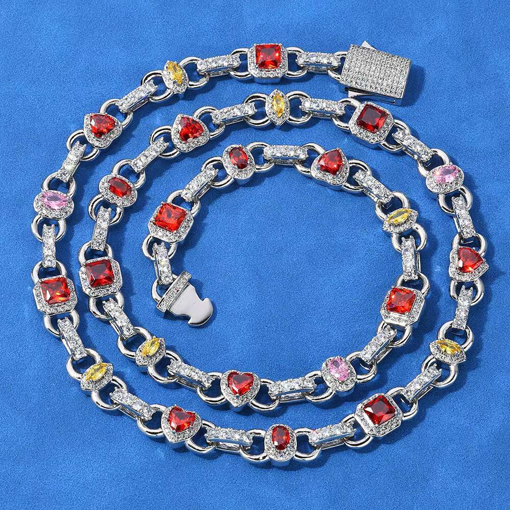 European American High-End Mens Hip-Hop Necklace Customizable Light Luxury Link Chain Colorful Gemstones Fashion Cross-Border