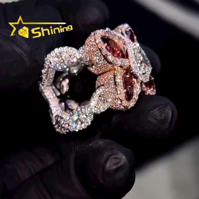 Custom Made New Arrivals Hip Hop Jewelry 925 Silver Colorful Diamond Clover VVS Moissanite Diamond Custom Ring for Men Women