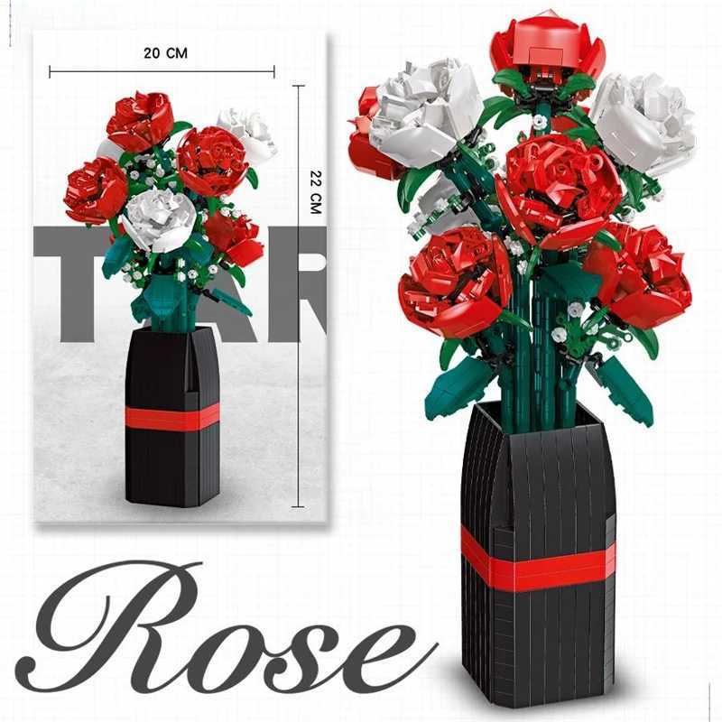 Creative Red Rose Vase Plants Model Building Blocks Moc Romantic Classic Flowers Bouquet Potted Bricks Toys Valentines Day Gift Y250627