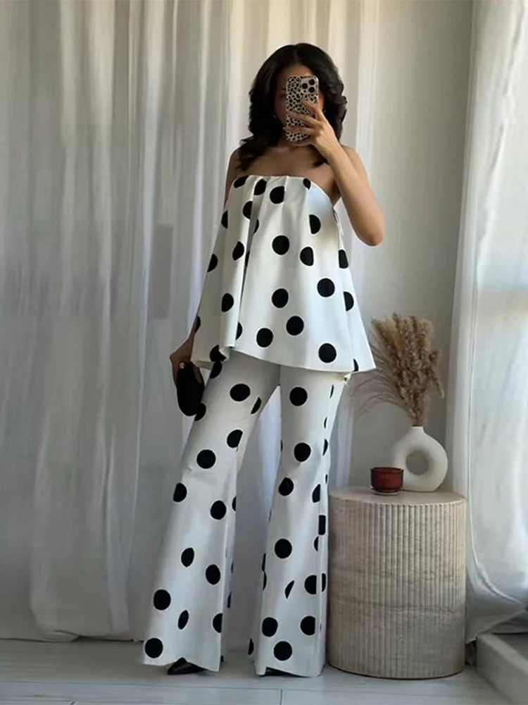 Fashion Polka Dot Womens Two Piece Suit Strapless Sleeveless Draped Top Loose Flared Long Pants Summer Lady Causal Outfits 250624