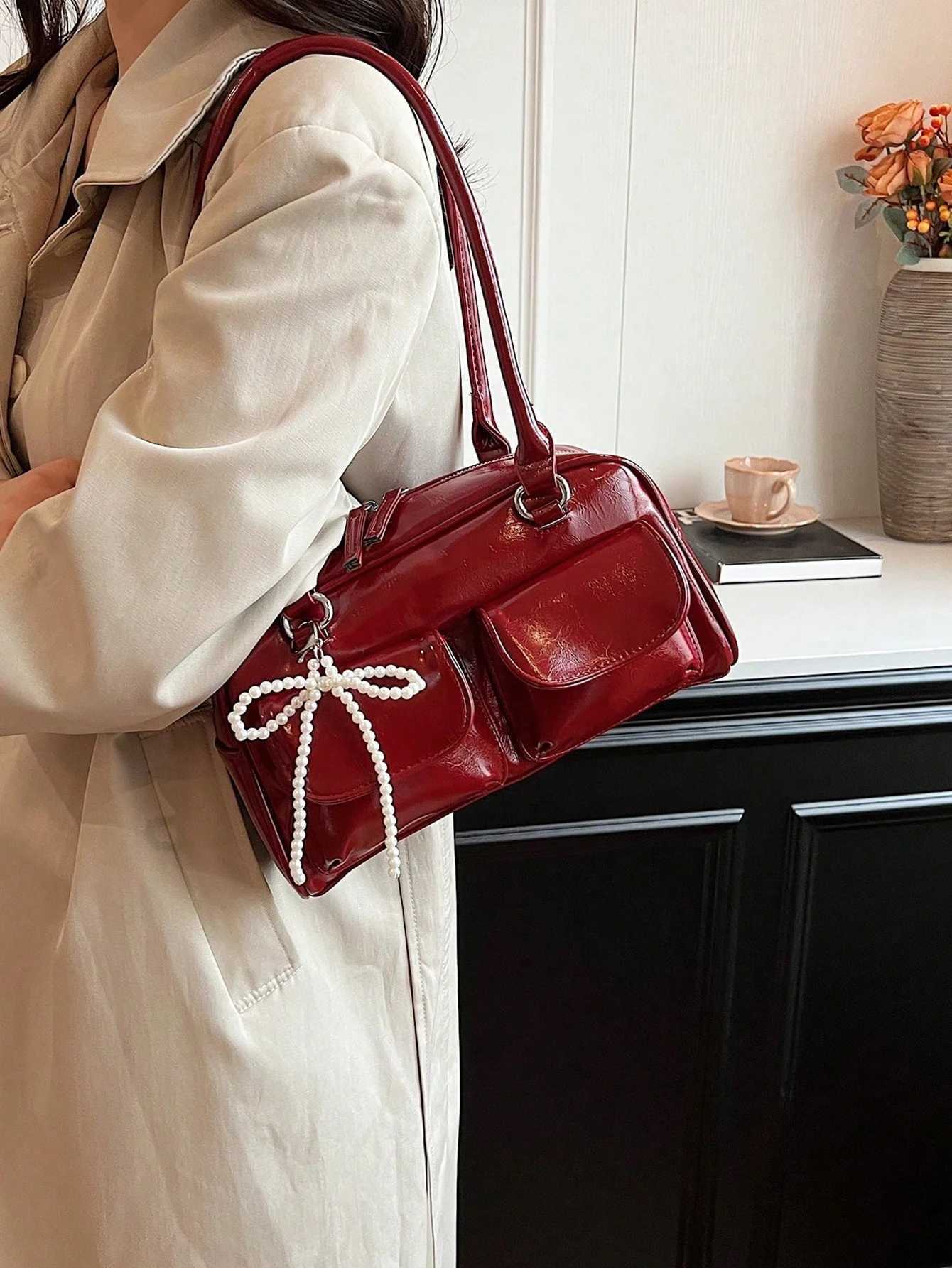 New fashion classic all-match solid color PU waterproof fabric womens handbag beaded bow decoration design large capacity shoulder bag XJ250627