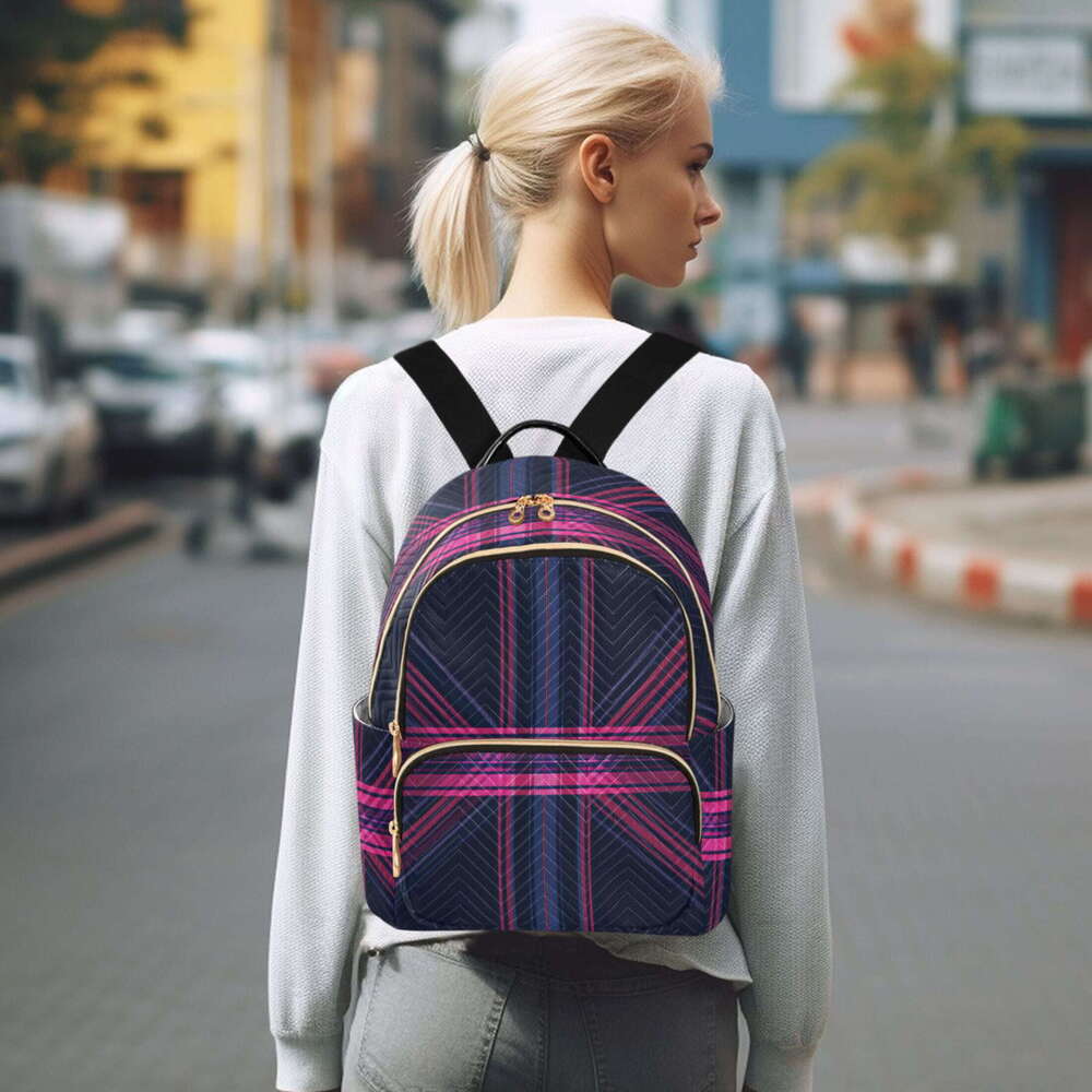 Blue and Red Diagonal Plaid Quilted Backpack Fashion Daypack Commuter Bag for Women 8.5 L