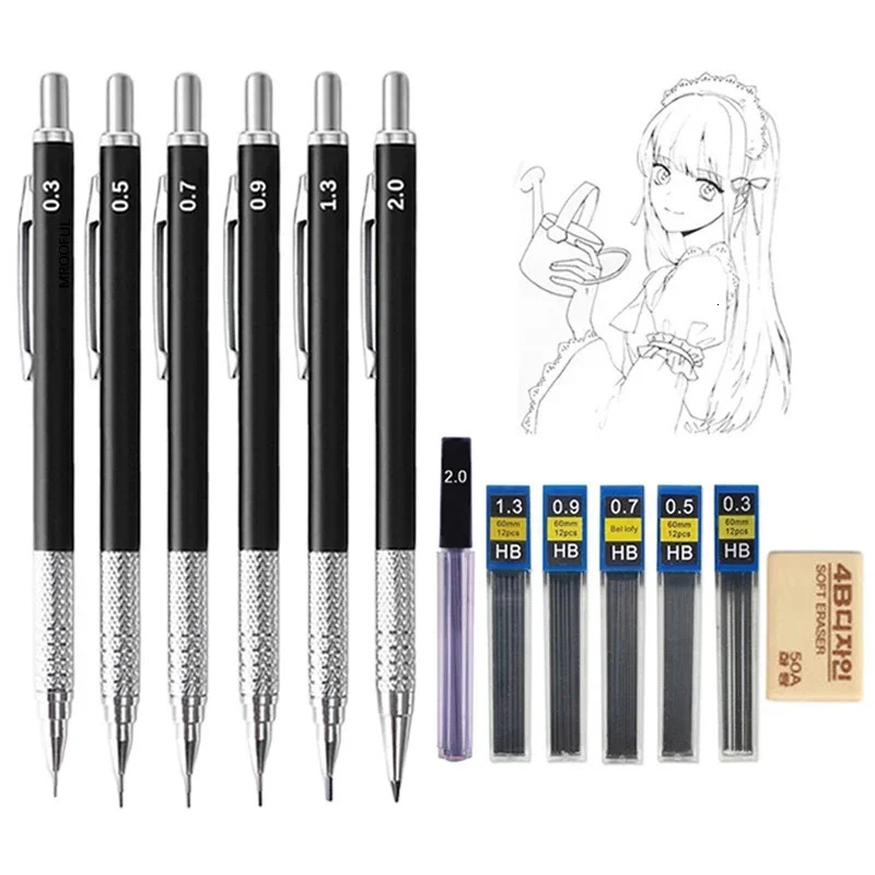 Full Black Metal Mechanical Pencils Set HB Leads 0.3 0.5 0.7 0.9 1.3 2.0mm Retractable Sketch Pencil with Eraser School Supplies 250624
