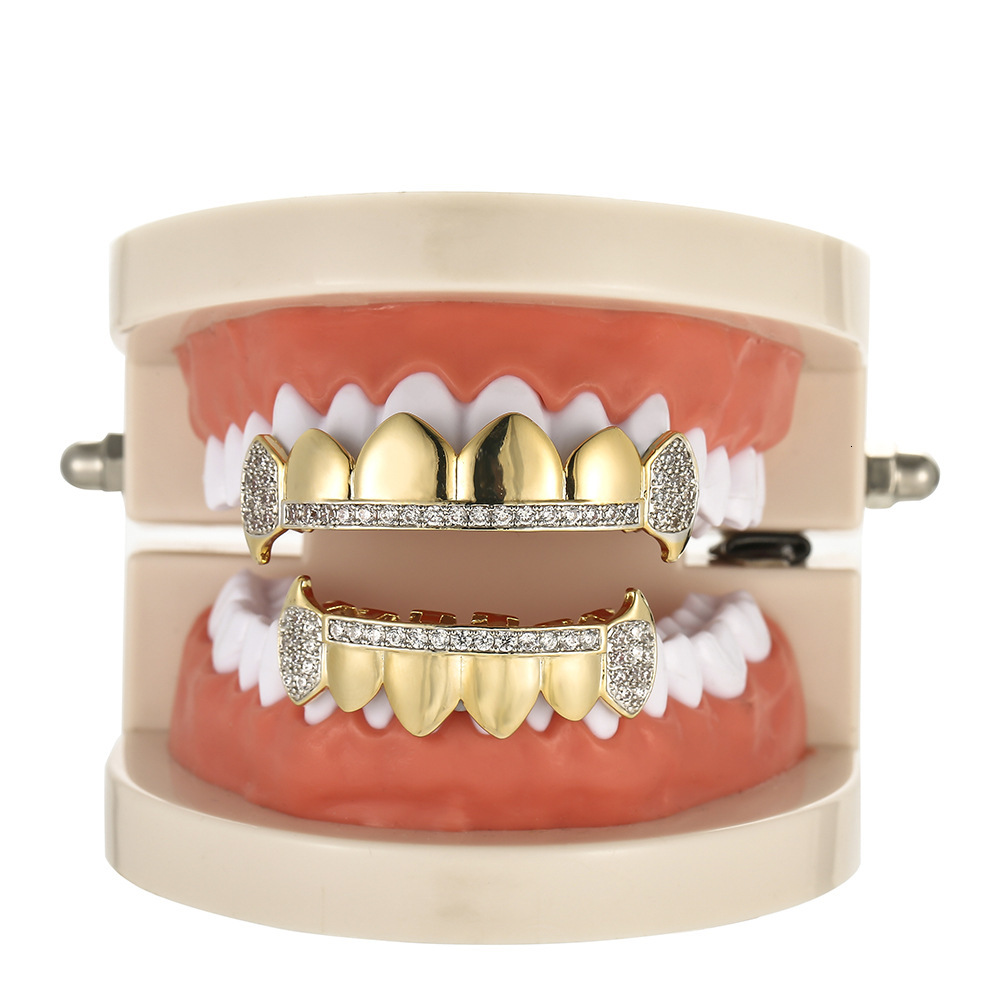 New 18K Gold Plated Iced Out Micro Paved Pointed Fangs Hip Hop Grillz Halloween Accessory