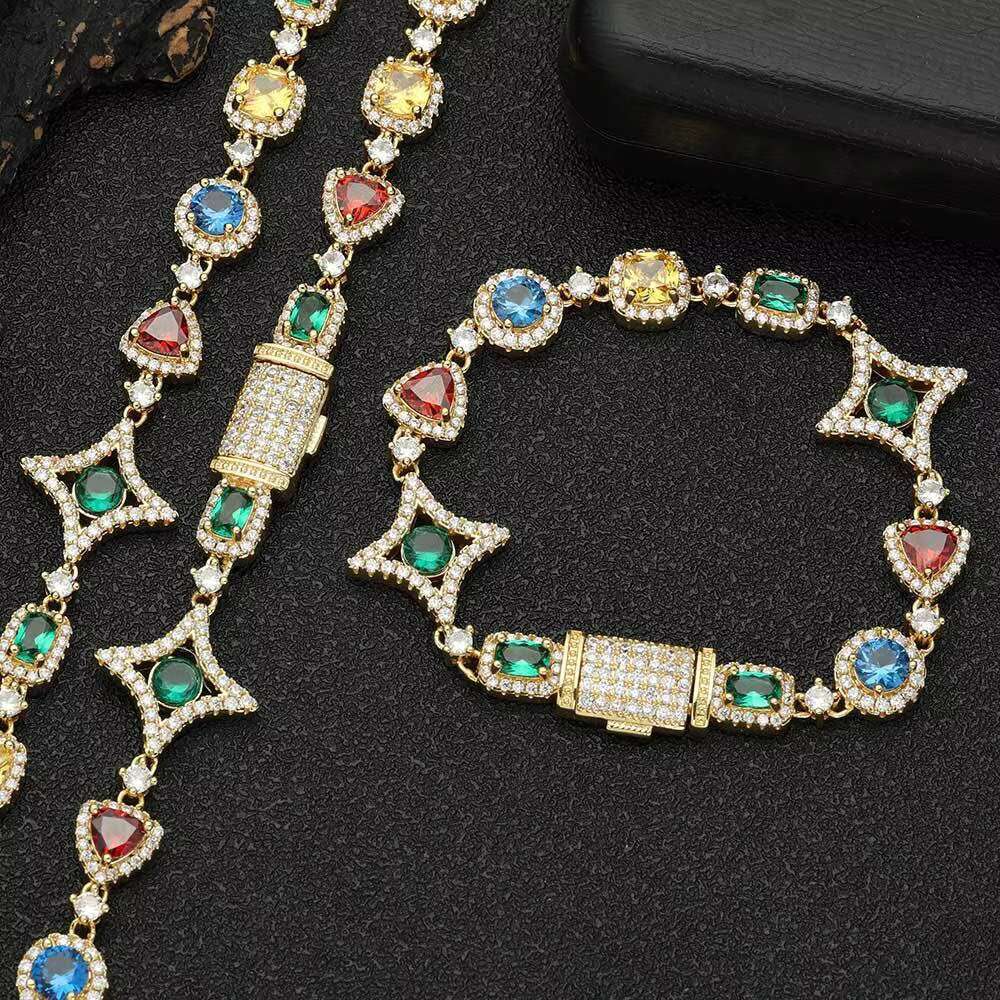 2025 High Quality Hip Hop Brass Jewelry Colorful Iced Out Star Diamond Zircon Gemstones Necklace for Women Men Gift Cuban Chain