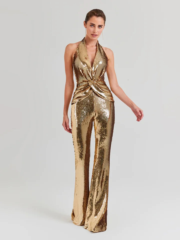 Womens Sleeveless Gold Sequin Jumpsuit Sexy V Neck Sparkle Sequined High Waist Wide Leg Pants Jumpsuit Celebrity Evening Party 250624
