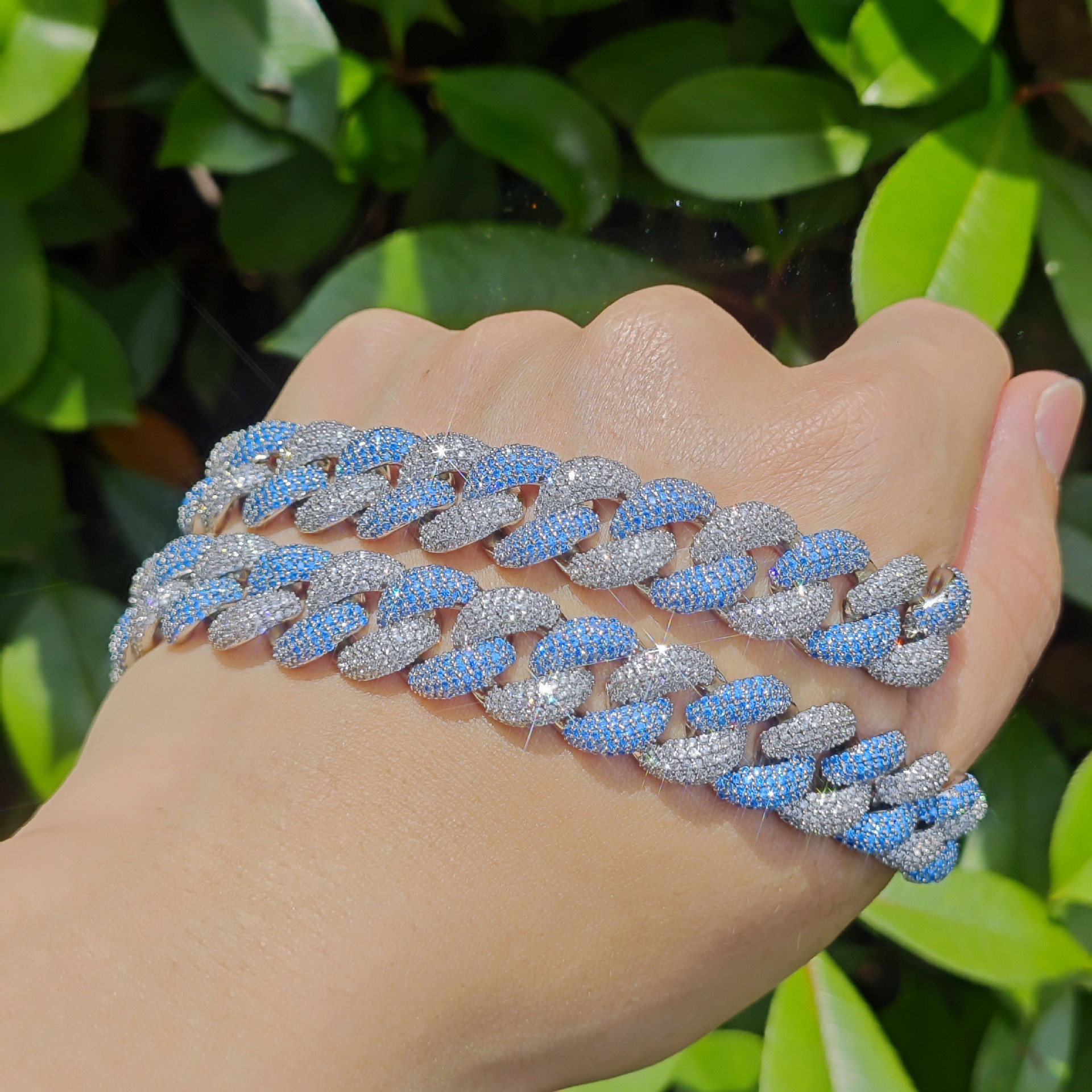 14MM Silver Blue Bubble Mini Cuban Chain Luxury VVS Moissanite Iced Out Hip Hop Edgy Trendy Bracelet Necklace Set Pass the diamond tester