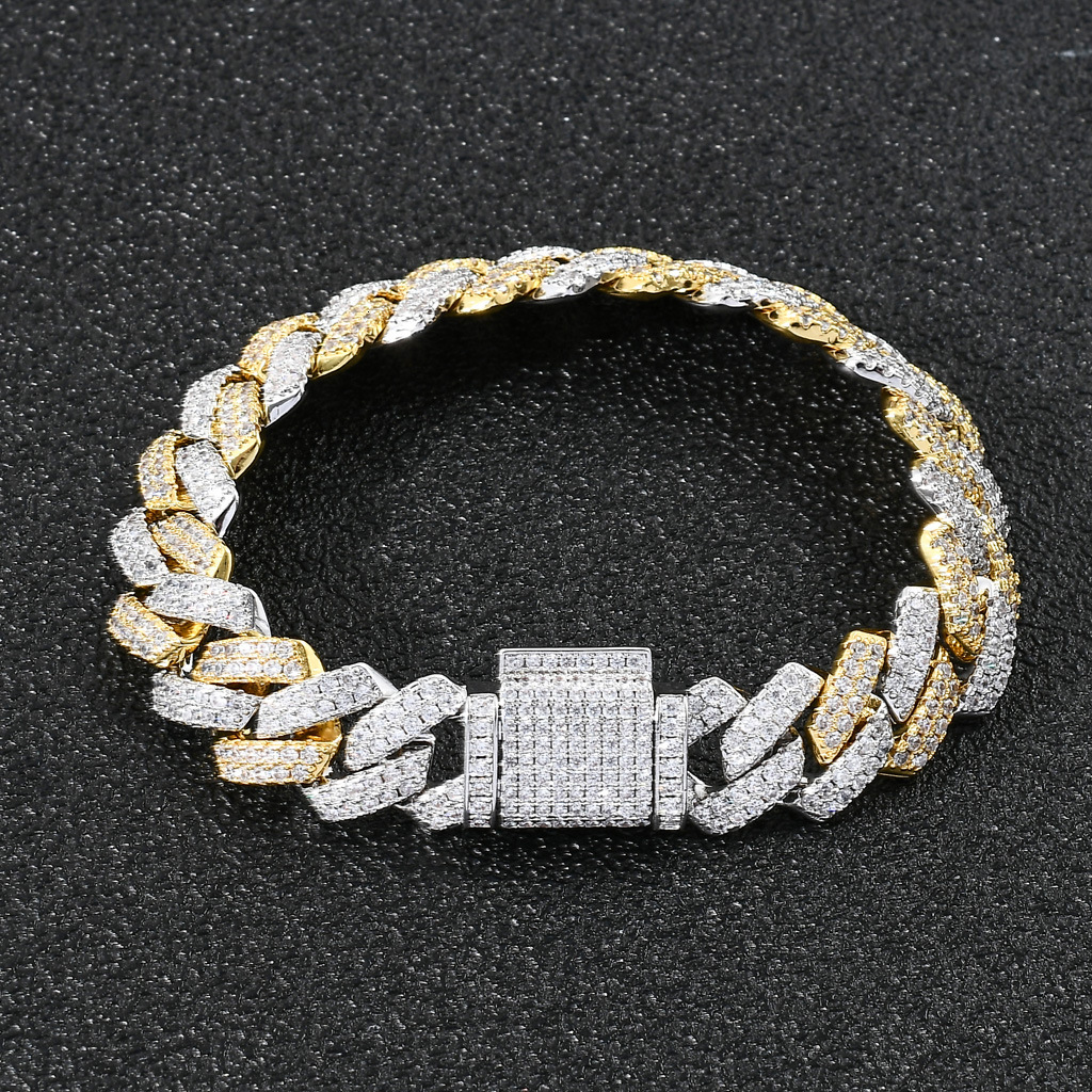 14mm Iced Out Luxury Bar Shaped Cuban Link Chain Moissanite Bling Men's Bracelet Platinum Real Gold Two Tone Pass the diamond tester