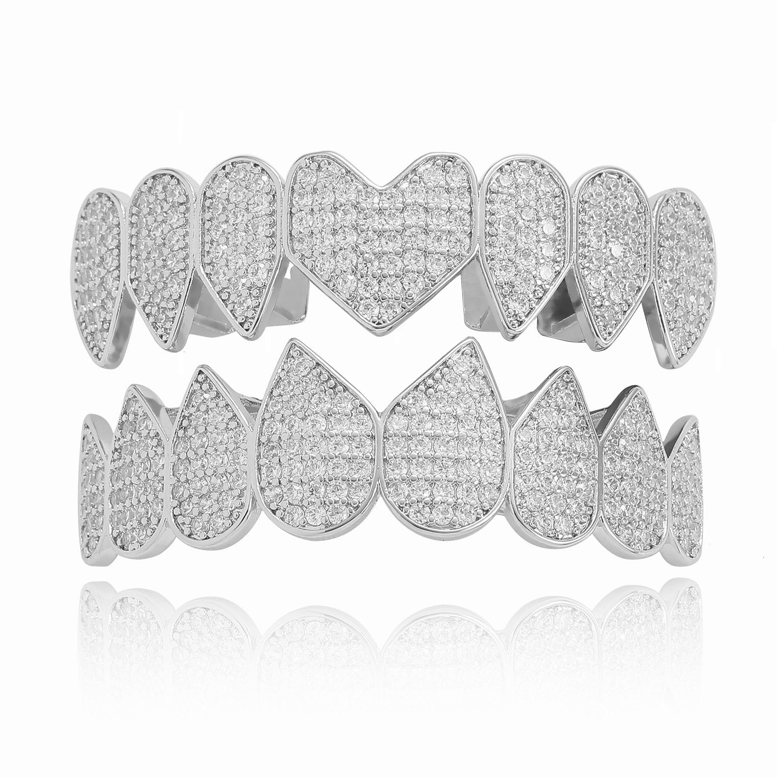 New Arrival Trendy 8-teeth Heart-shaped Diamond-encrusted Luxury Hip Hop Halloween Tooth Grillz Accessories