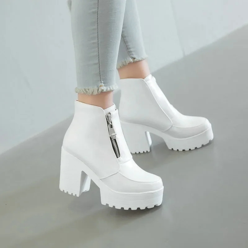 Black White Platform Ankle Boots for Women High Heels Boots Ladies Zip Autumn Winter Booties Woman Boots Shoes Ladies Shoes 250711