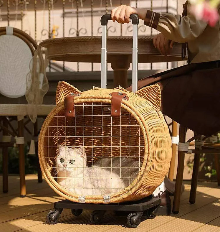 Rattan weaving Durable Wheel-Equipped Animal Transport Tote - Ideal for Carrying Cats or Dogs under 20lbs Easily during Travels