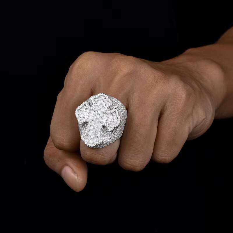 European American S925 Silver Moissanite Cross-Border Ring Versatile Trendy Mens Square Diamond Ring Cross Shape Hip-Hop Style