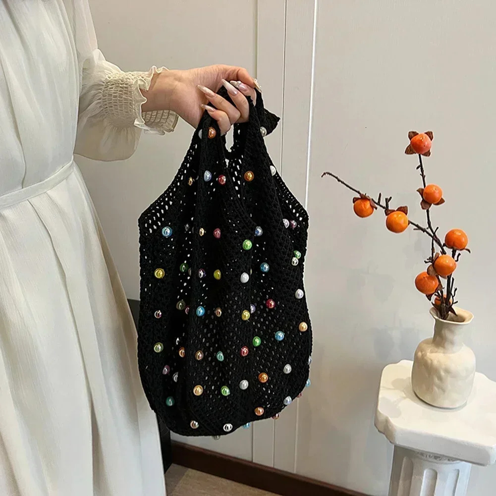 Women Boho Crochet Bag with Colored Beads Aesthetic Knit Bag Large Capacity Knitted Tote Handbag Ladies Daily Handbag 250627