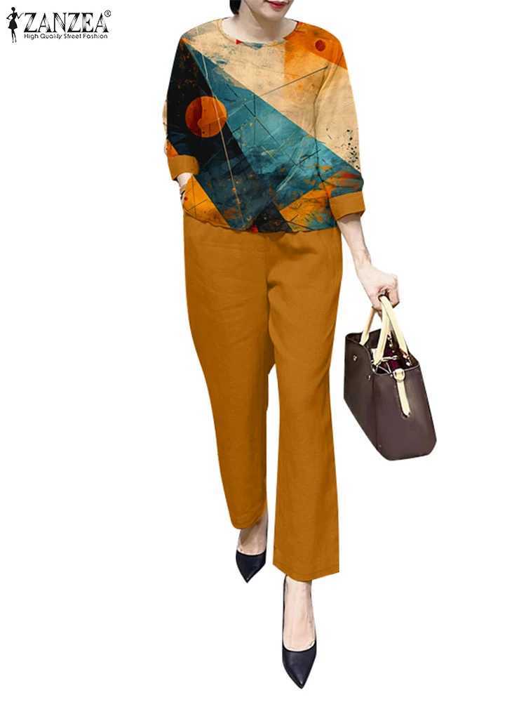 ZANZEA Ele Women Work Pant Sets Fashion 3/4 Sleeve Floral Blouse Trousers Suits 2PCS Casual Tracksuit Two Piece Sets Outfits W250628