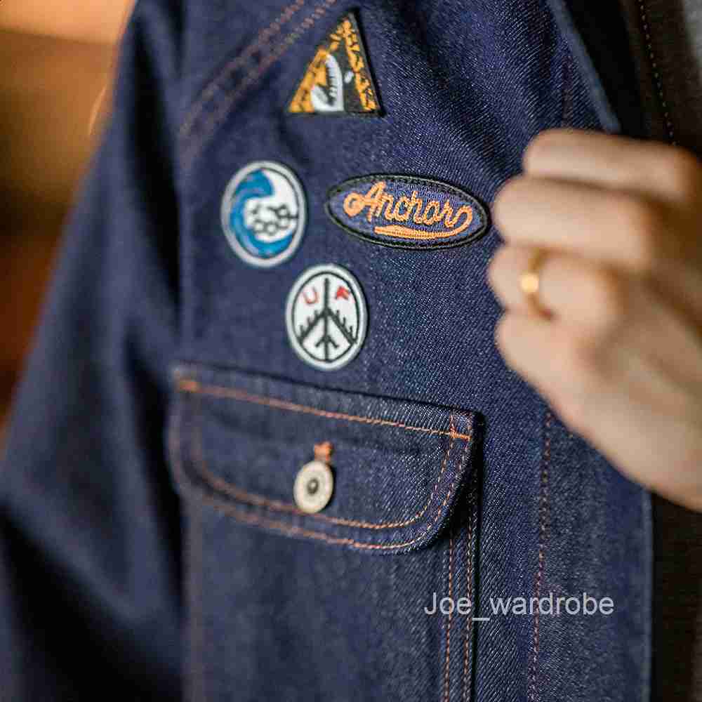 Maden Vintage Embroidered Badge 128oz Heavyweight Denim Jacket Washed Lapel Casual Outerwear for Men Spring and Fall Chore Coat