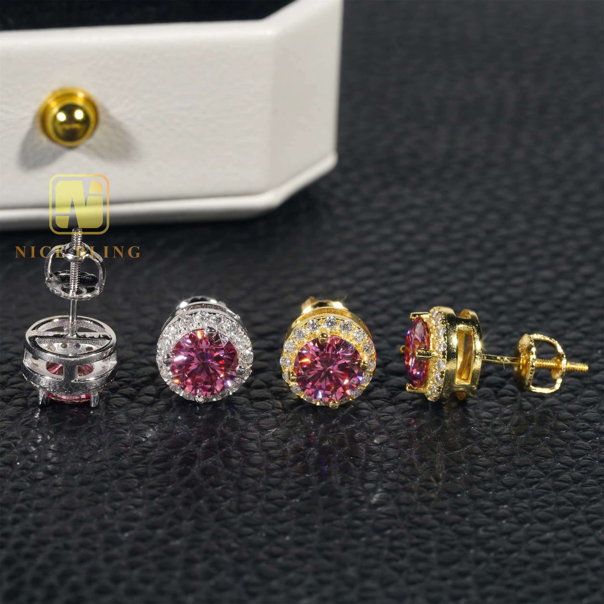 Ready to Ship Popular Moissanite Diamond Halo Earrings Men Women Hip Hop Jewelry 925 Silver Colorful Diamond Ear Studs