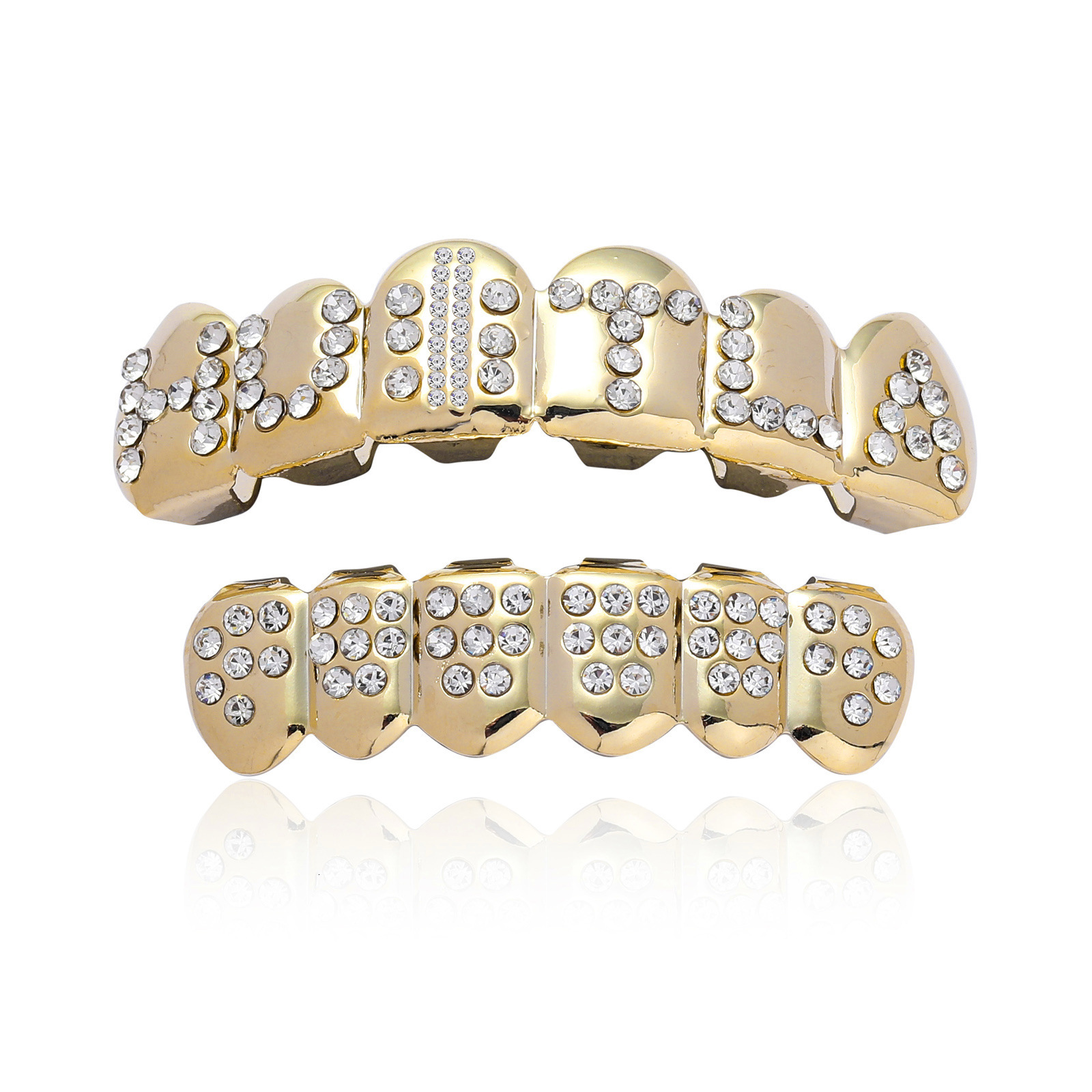 18K Gold Iced Out Lettered Diamond Grillz Vampire Fake Teeth Luxury Halloween Accessory