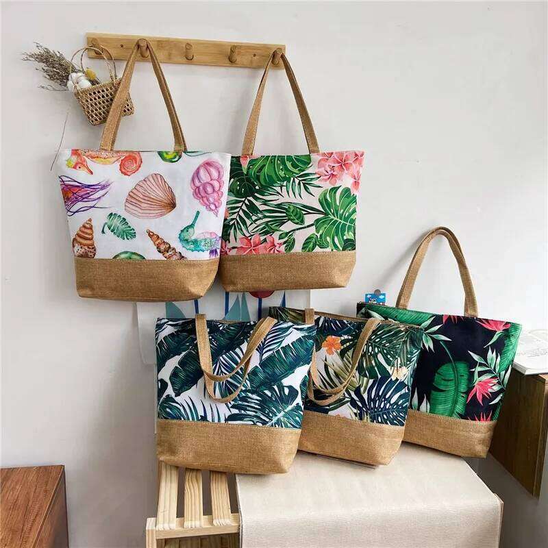 Women's Messenger Leaves Printed Canvas Handbags Large Capacity Totes 2022 Fashion Ladies Portable Zipper Beach Shoulder Bag