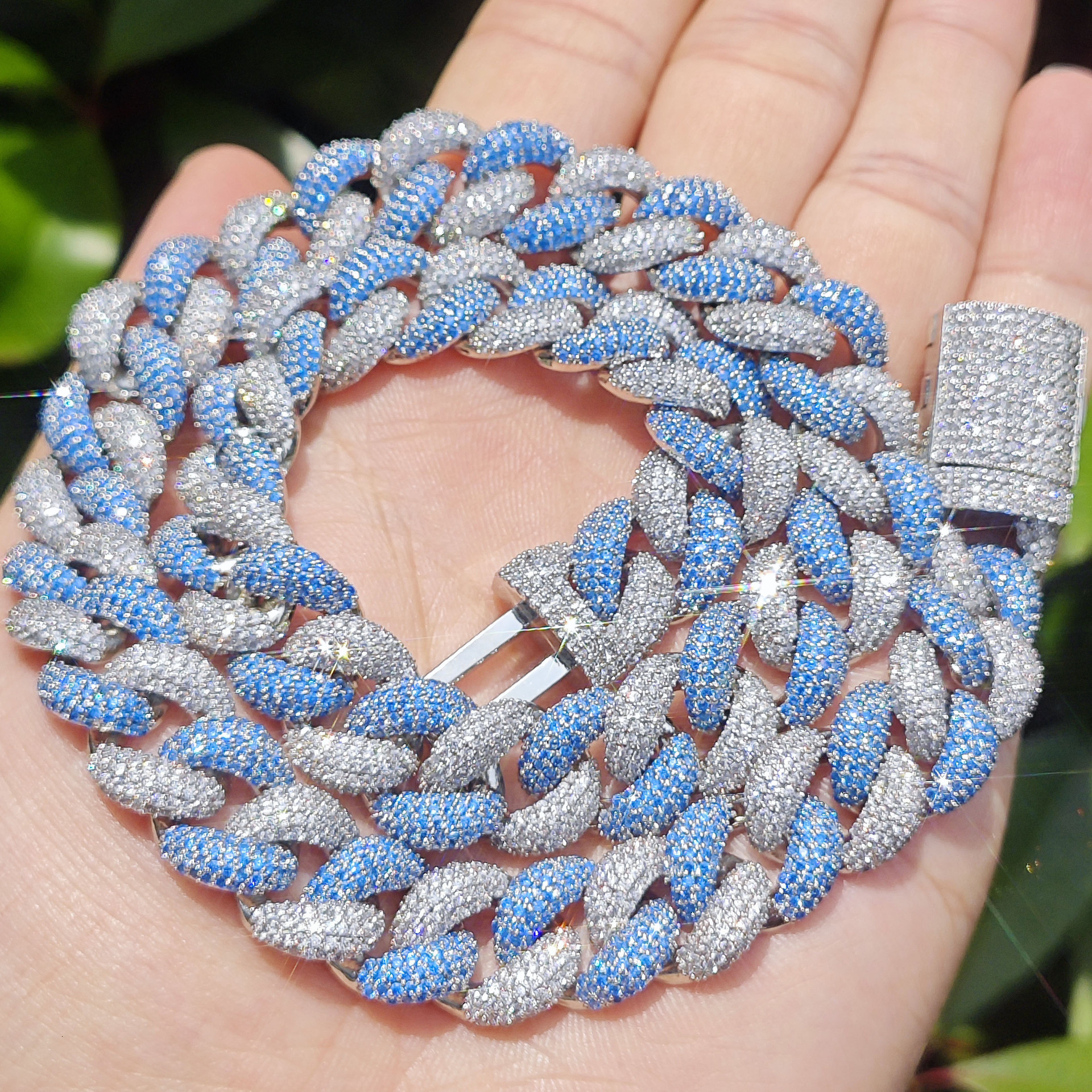 14MM Silver Blue Bubble Mini Cuban Chain Luxury VVS Moissanite Iced Out Hip Hop Edgy Trendy Bracelet Necklace Set Pass the diamond tester