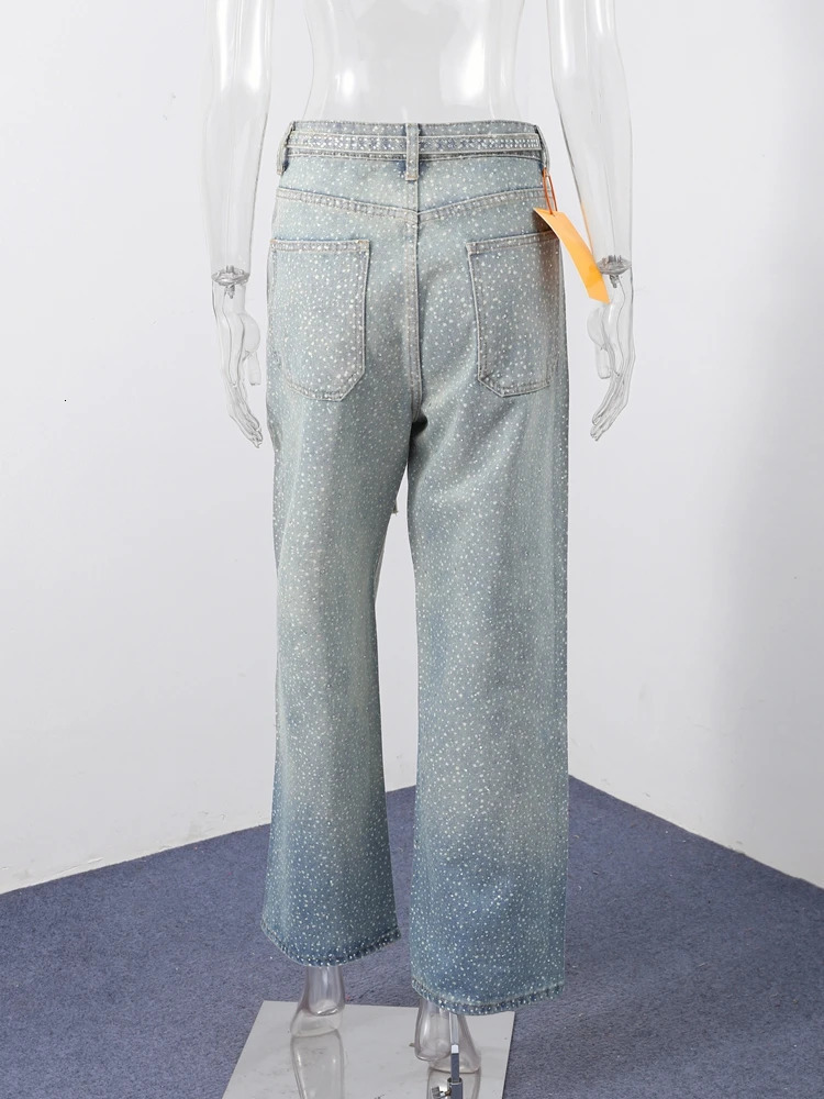 Men Women High Waist Shining Rhinestones Denim Jeans Trendy Wide Leg Baggy Pant Unisex Casual High Street Style Trousers 250624