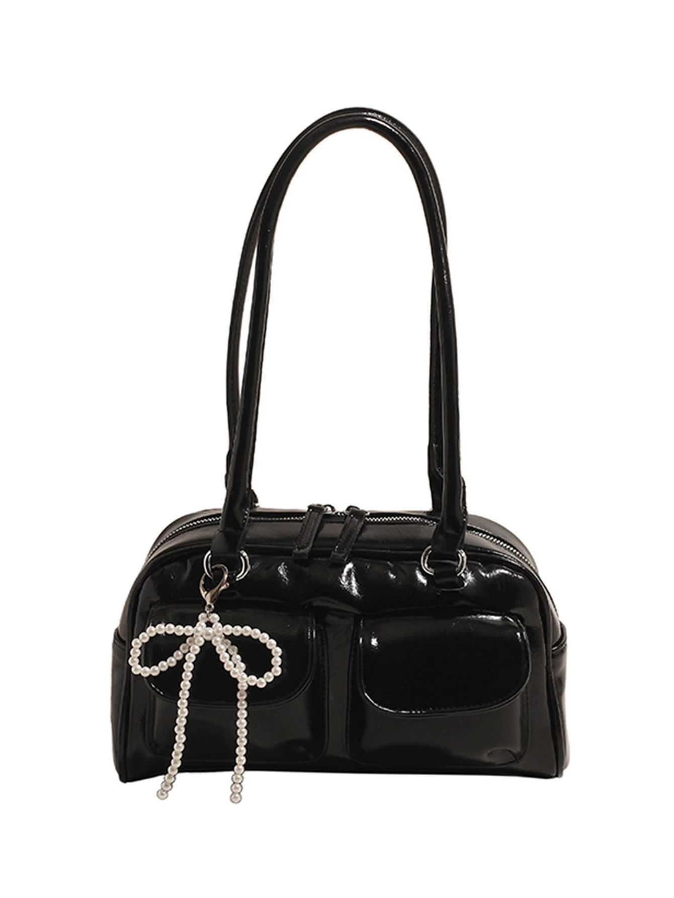 New fashion classic all-match solid color PU waterproof fabric womens handbag beaded bow decoration design large capacity shoulder bag XJ250627