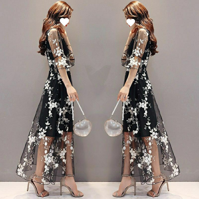Summer Self Portrait Runway Dress Women Floral Embroidery Sequined Long es Mesh Vacation Beach Vestidos 210506