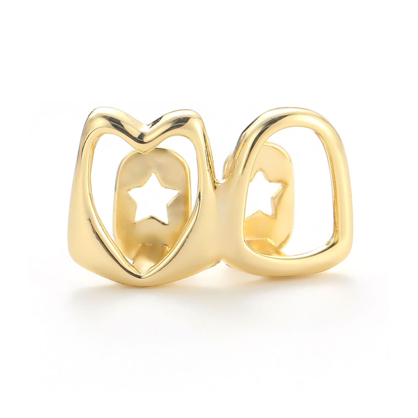 New Arrival 18K Gold Plated Iced Out 2 Tooth Heart Hollow Hip Hop Grillz Halloween Unique Creative High Quality Accessory