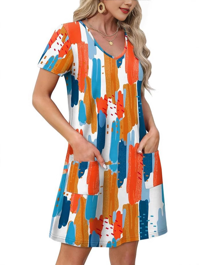 F628Summer new European and American short-sleeved printed pocket V-neck loose casual dress for women
