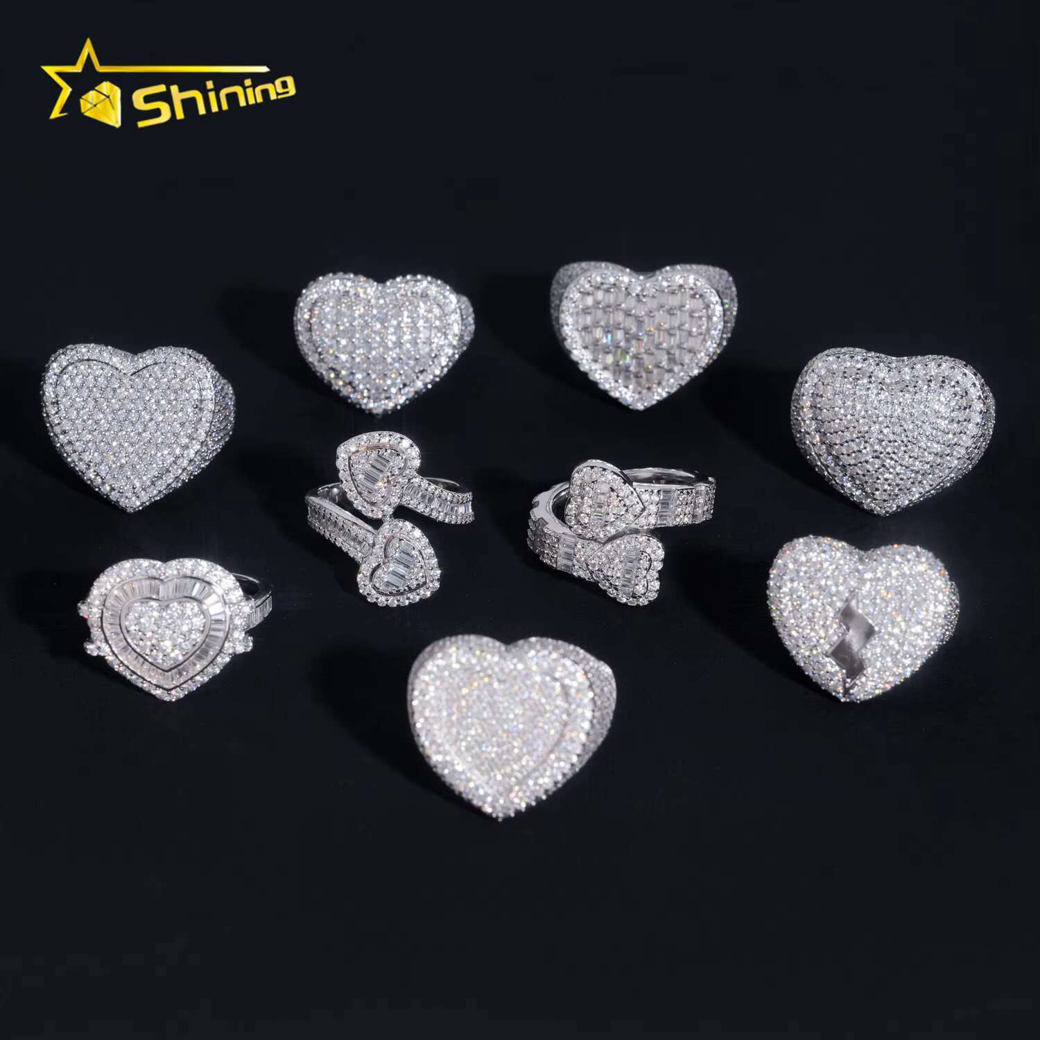 Stocks Fine Jewelry 925 Sterling Silver Gold Plated Ice Out Men Rings Heart Shape VVS Moissanite Hip Hop Ring