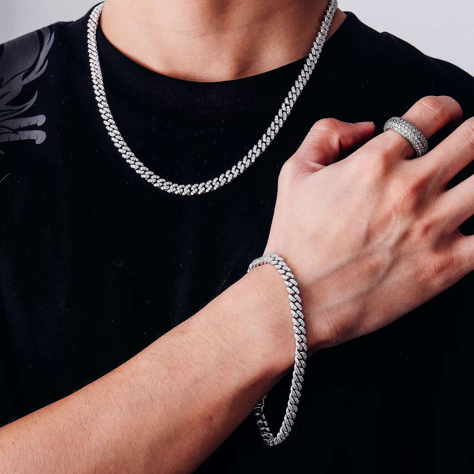 8mm Moissanite Cubic Link bracelet Chain 925 Sterling Silver with gold Plating Hiphop necklace Trendy Style for Party or Gift