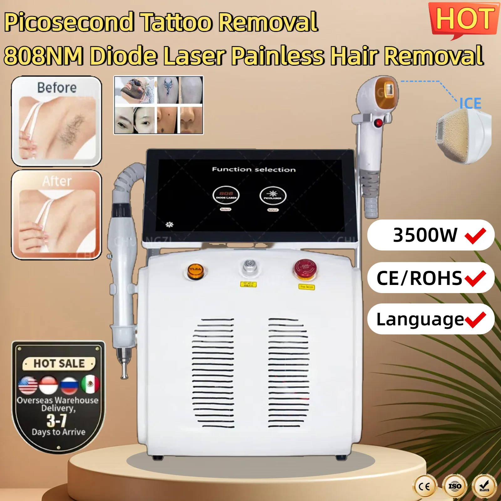 Diode Laser and Picosecond Laser 2 in 1 3500W 808 Diode Laser Hair Removal Tattoo Removal Machine with 755nm 808nm 1064