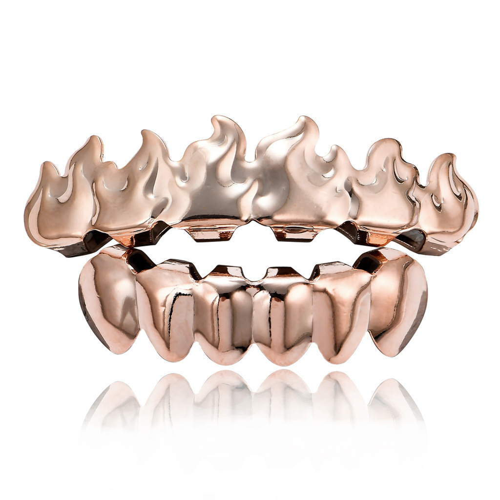 18K Gold Hip Hop Flame Iced Out Grillz Vampire Fangs Halloween Body Accessory Rapper Costume Accessories