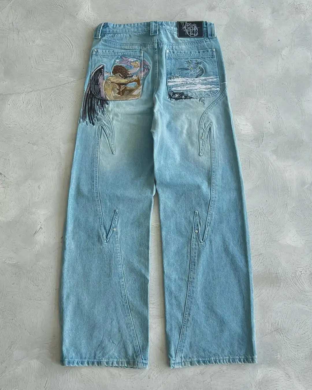 American Vintage Blue Jeans Y2K Men Women Hip Hop Pocket Angel Embroidery Vintage Washed Baggy Jeans Low Waist Wide Leg Trousers l250628
