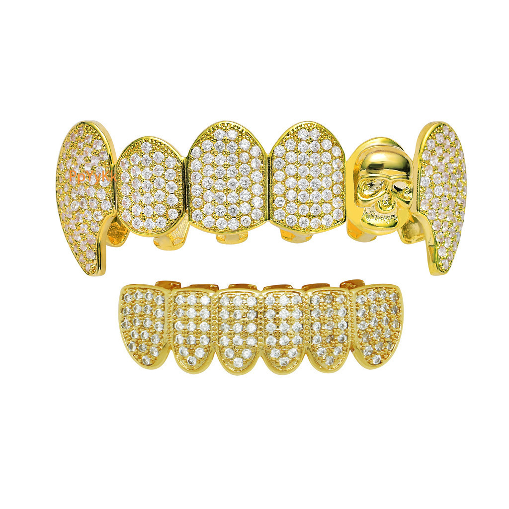 New Arrival Hip Hop Skull Iced Out Solid Gold Moissanite Grillz Halloween Party Costume Accessories Rapper Costume Accessories Pass the diamond tester
