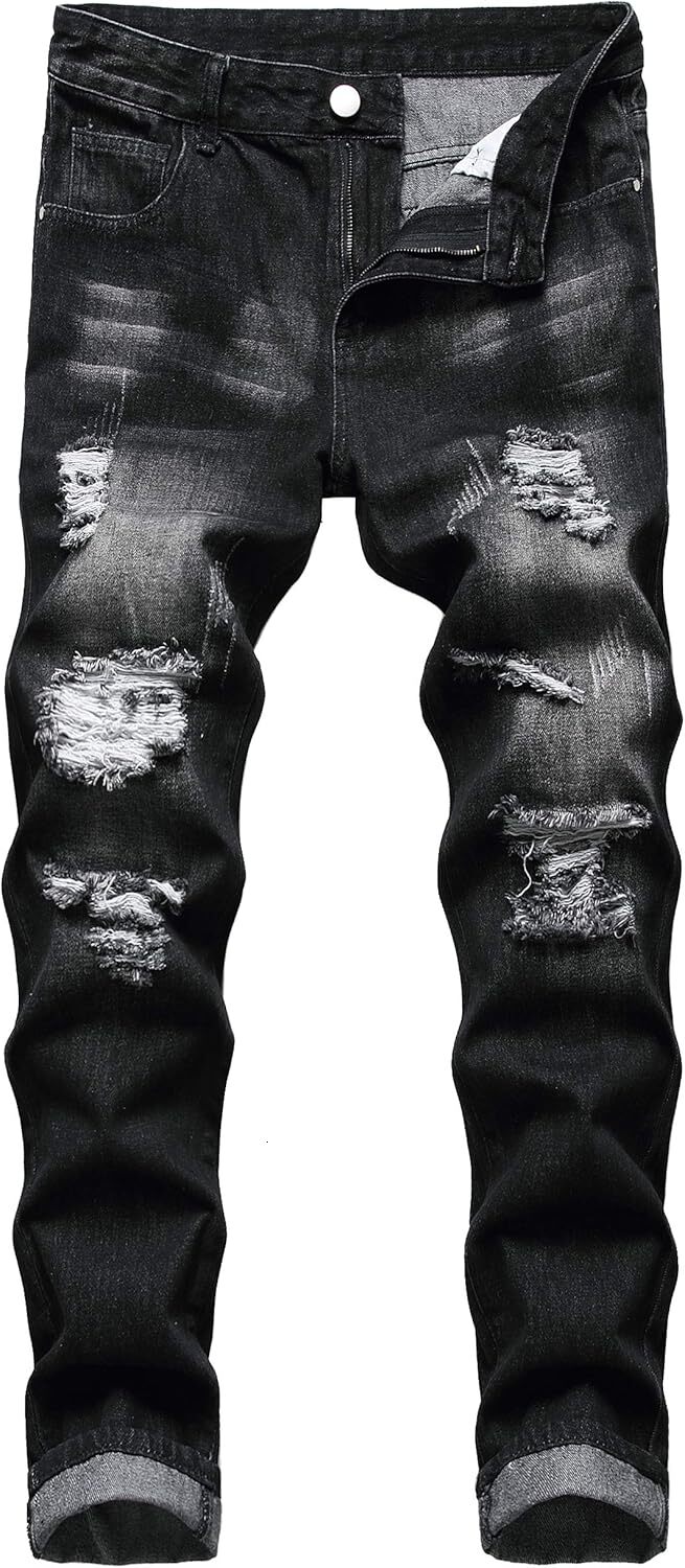 Designer jeans, luxurious pants, sporty and casual pants, men's worn-out jeans, retro washed slim-fit straight-leg jeans, blue jeans, torn trouse