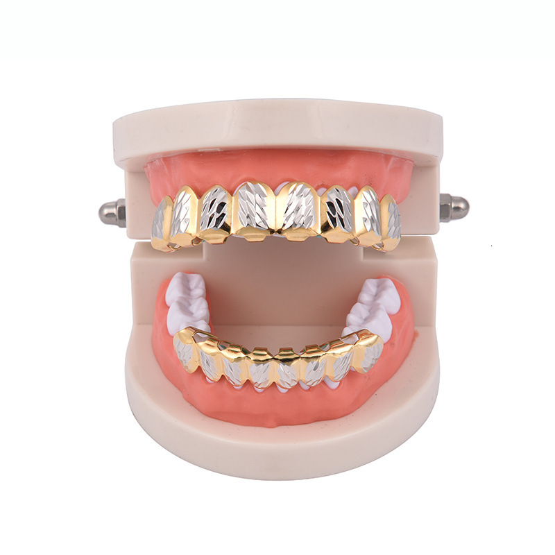 18K Gold Iced Out 8 Tooth Two Tone Floral Engraved Hip Hop Grillz High Quality Unique Accessory Rapper Costume Accessories