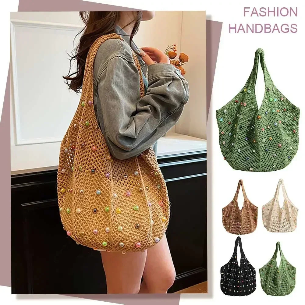 Women Boho Crochet Bag with Colored Beads Aesthetic Knit Bag Large Capacity Knitted Tote Handbag Ladies Daily Handbag 250627