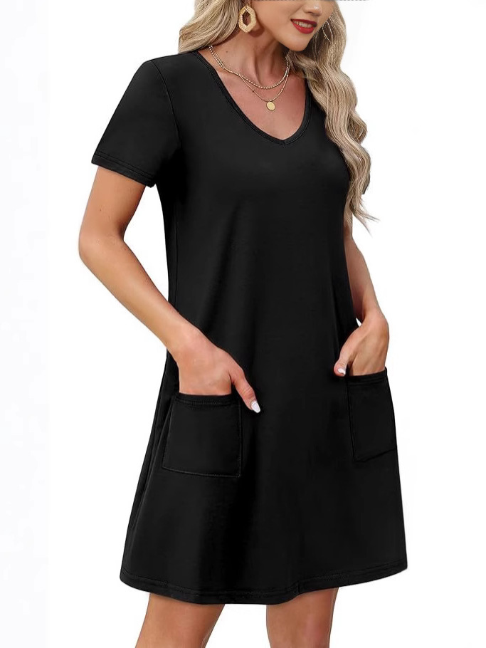 F628Summer new European and American short-sleeved printed pocket V-neck loose casual dress for women