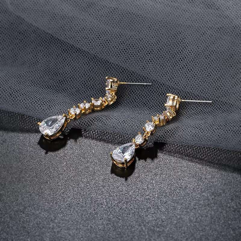 New Arrival Exquisite Teardrop Cubic Zirconia CZ Zircon Crystal Wedding Bridal Long Drop Earrings in 14K Gold Plated