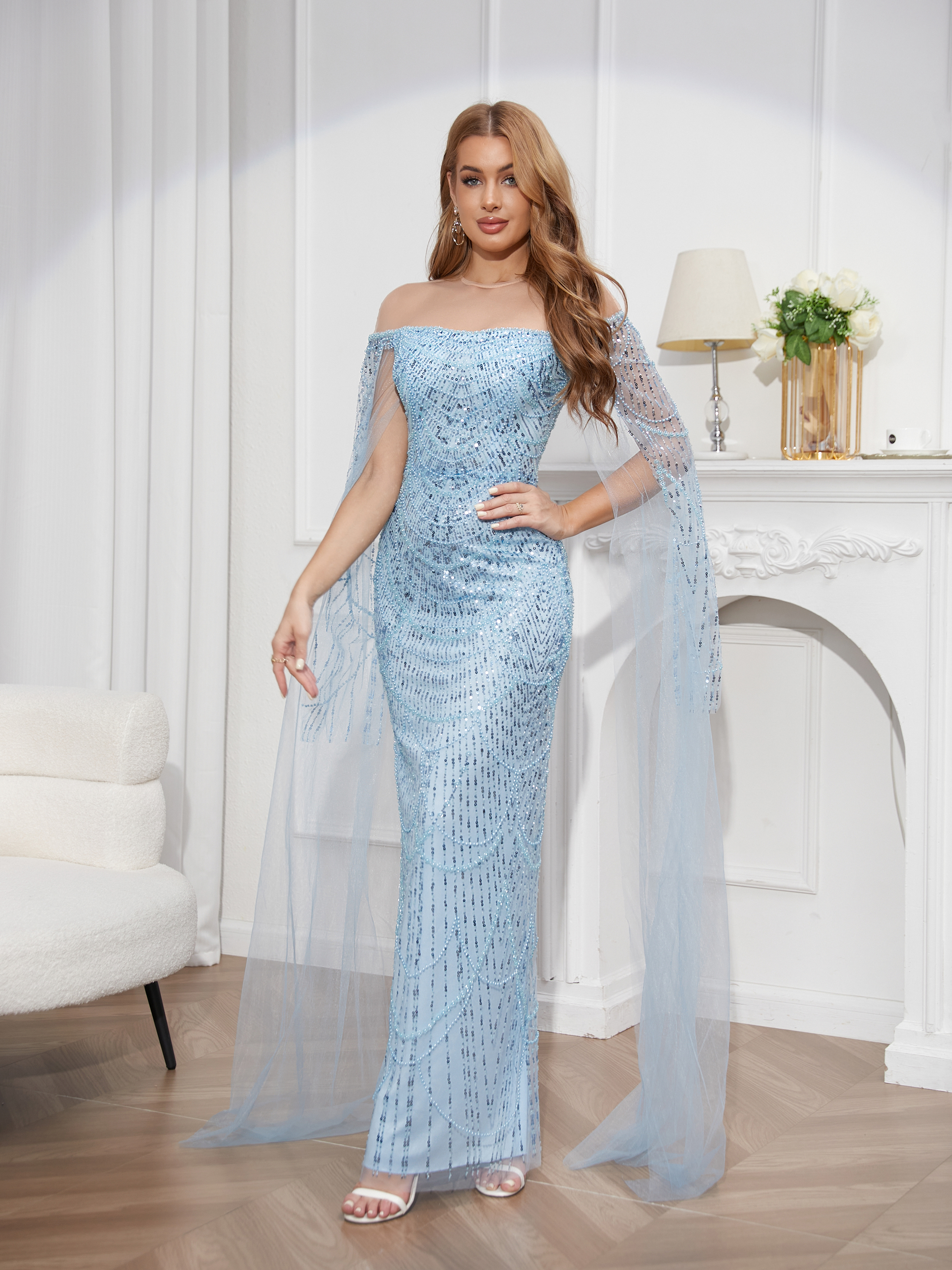 Prom dress trailing skirt chest fashion beaded perspective sexy slim split dress elegant tulle long sleeve dress prom dress blue bridesmaid dress