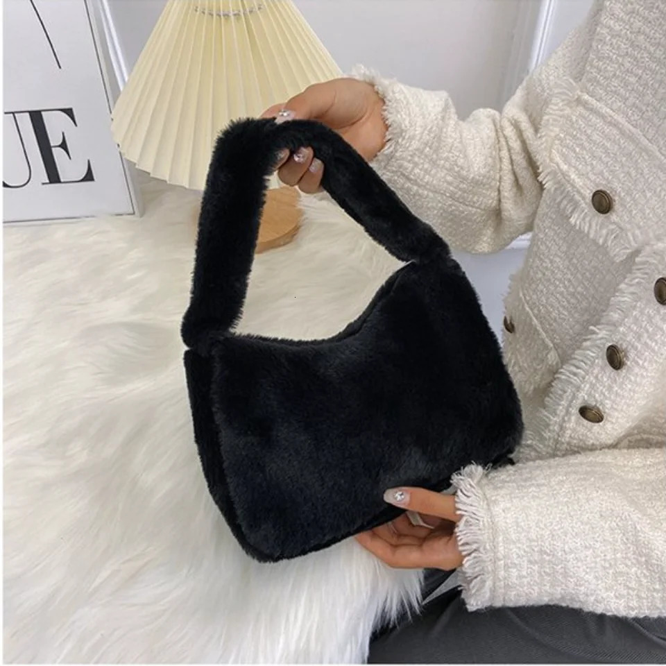 WomenS Winter Shoulder Bag Fashion Soft Plush Solid Color Zebra Leopard Pattern Underarm Bag Korean Ladies Handbags 250627