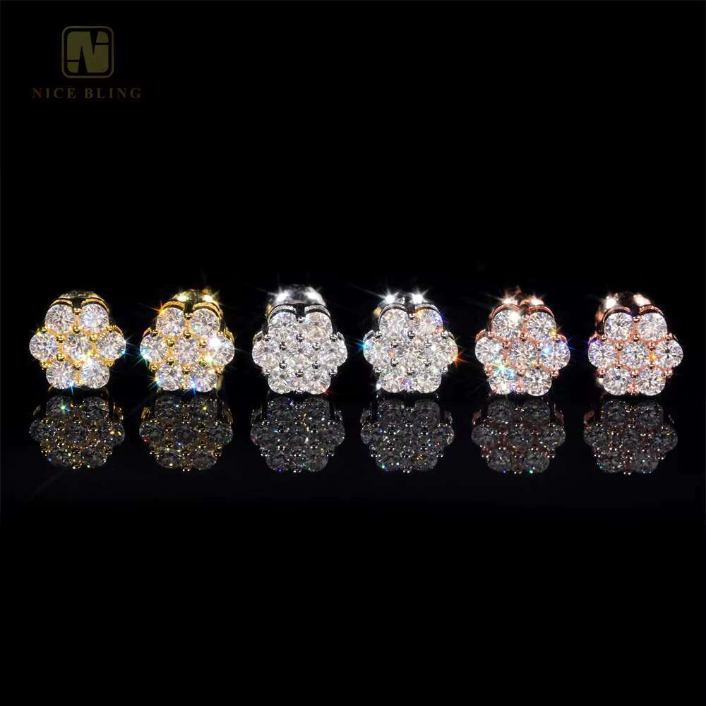 Pass Diamond Tester Flower Design Ice Out VVS Moissanite Stud Earring 925 Sterling Silver Diamond Ear Studs for Men Women