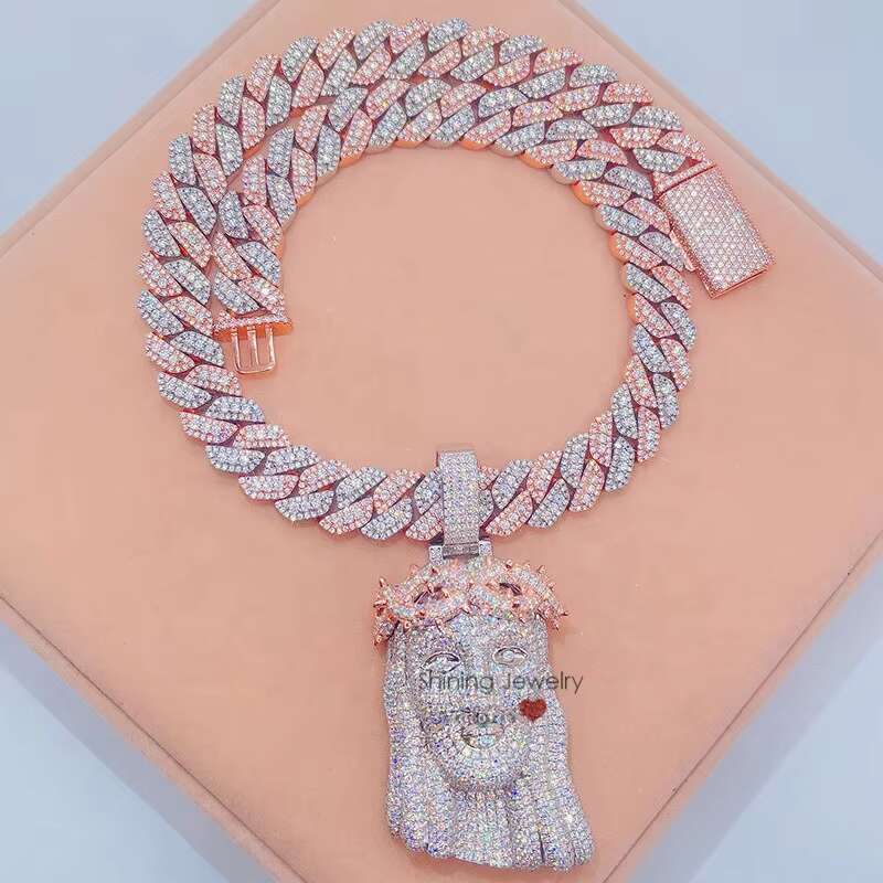 Rose GOld 2 Tone Sterling Silver Iced Out Hip Hop Moissanite Diamond Cuban Chain VVS Jesus Pendant