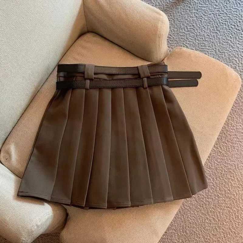 Xpqbb All-Match College Style JK Pleated Skirts Women Fashion Double Belt High Waisted Skirt Female Vintage Brown Mini Skirts L250627