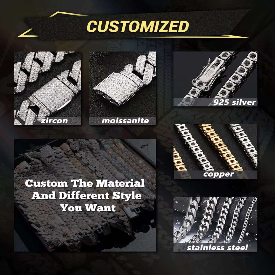 Pass Diamond Test Hip Hop Jewelry Vvs Stone Shiny 2row 3row 4row Men 925 Sterling Silver Necklace Moissanite Cuban Link Chain