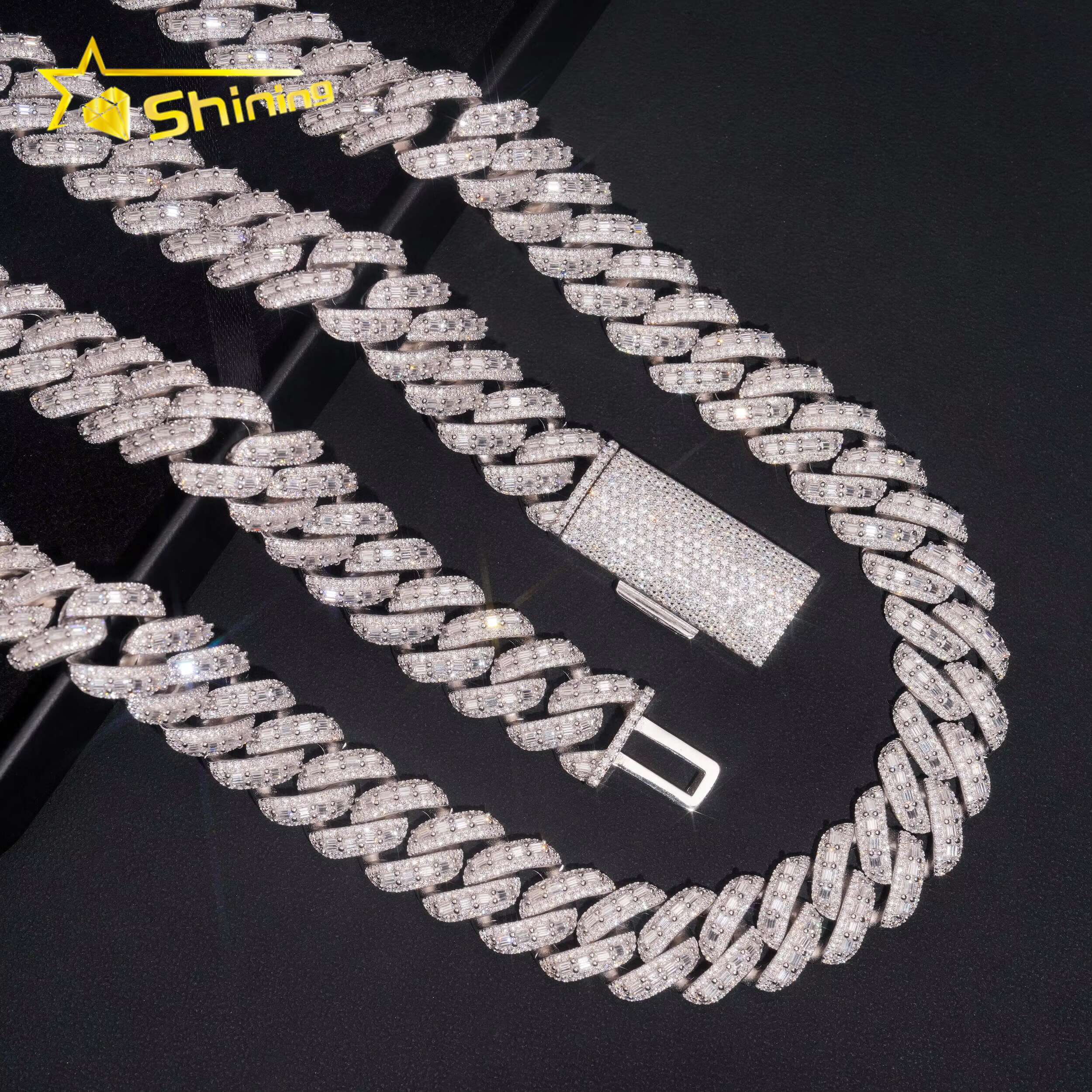 Baguette Moissanite 18mm Necklace Fine Jewelry VVS Iced Out Moissanite Pass Diamond Test 925Silver Gold Hip Hop Cuban Link Chain